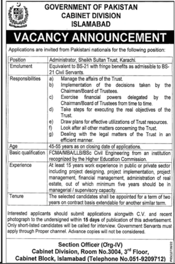 Government Of Pakistan Cabinet Division Islamabad Jobs