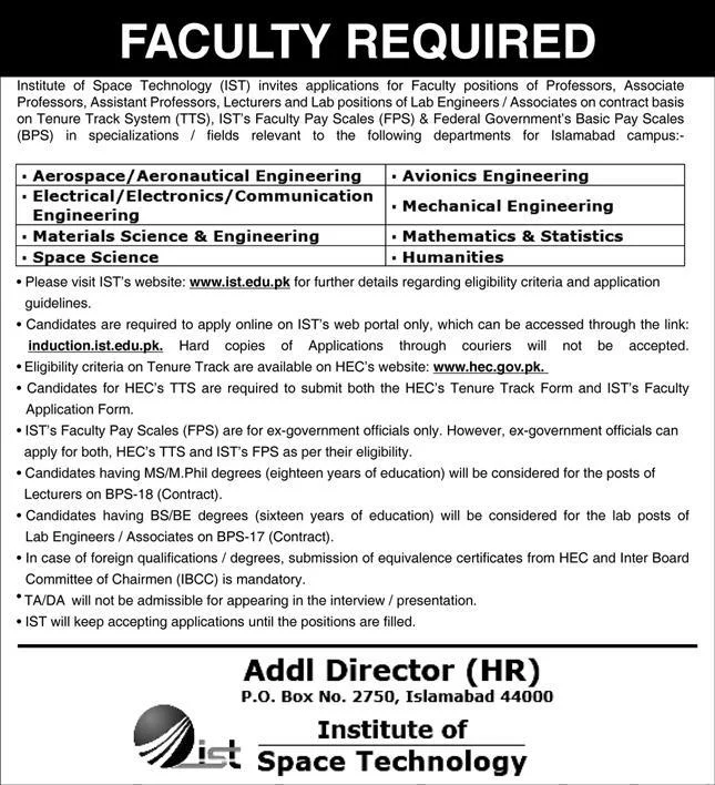 Institute Of Space Technology Islamabad Jobs