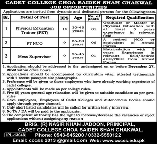 Cadet College Choa Saiden Shah Chakwal Jobs