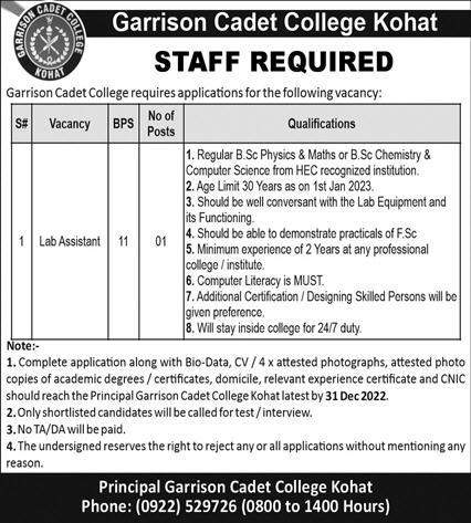 Garrison Cadet College Kohat Jobs