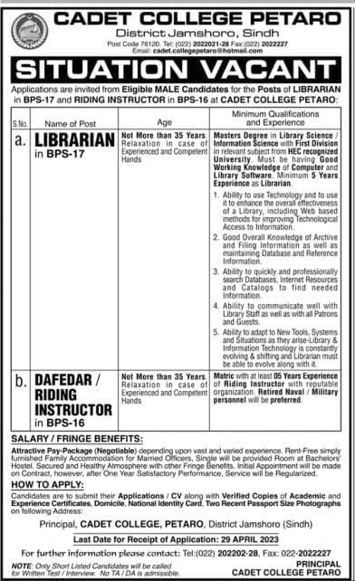 cadet-college-petaro-hamshoro-jobs-2023