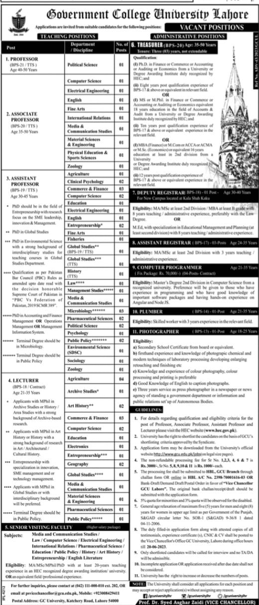 Government College University Lahore Jobs 2024 Application Form Gcu