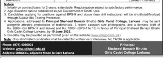 Shaheed Benazir Bhutto Girls Cadet College Larkana Jobs Application process 