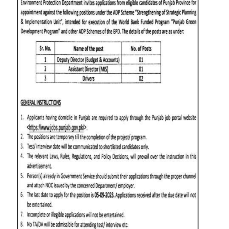 Punjab Environment Protection Department Jobs Apply Online