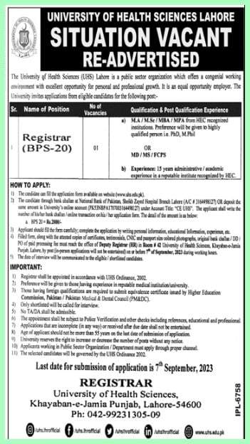 UHS Jobs: Registrar Jobs At the University Of Sciences Lahore Advertisement 