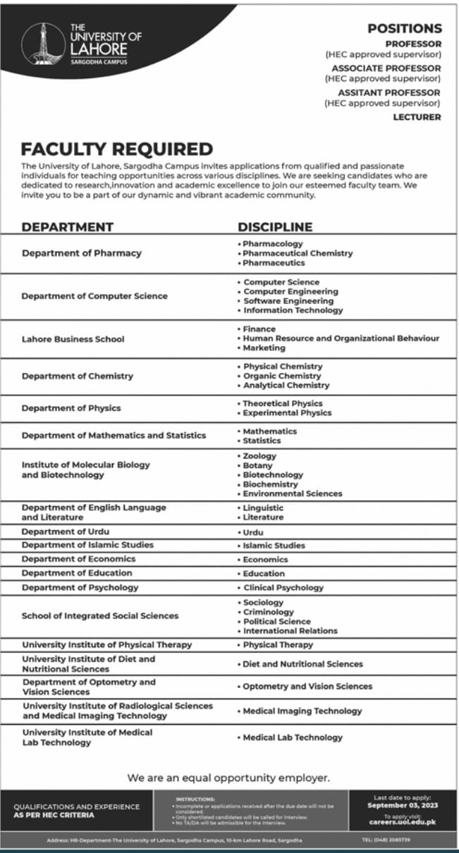 The University Of Lahore Jobs 2023 / UOL Jobs Online Apply 1 University Of Lahore Jobs 2023