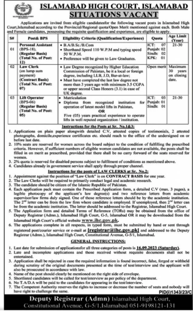 Islamabad High Court Jobs 2023