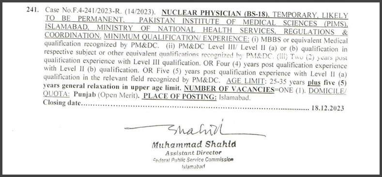 FPSC-Nuclear-Physician-Jobs-In-PIMS-Hospital-Islamabad