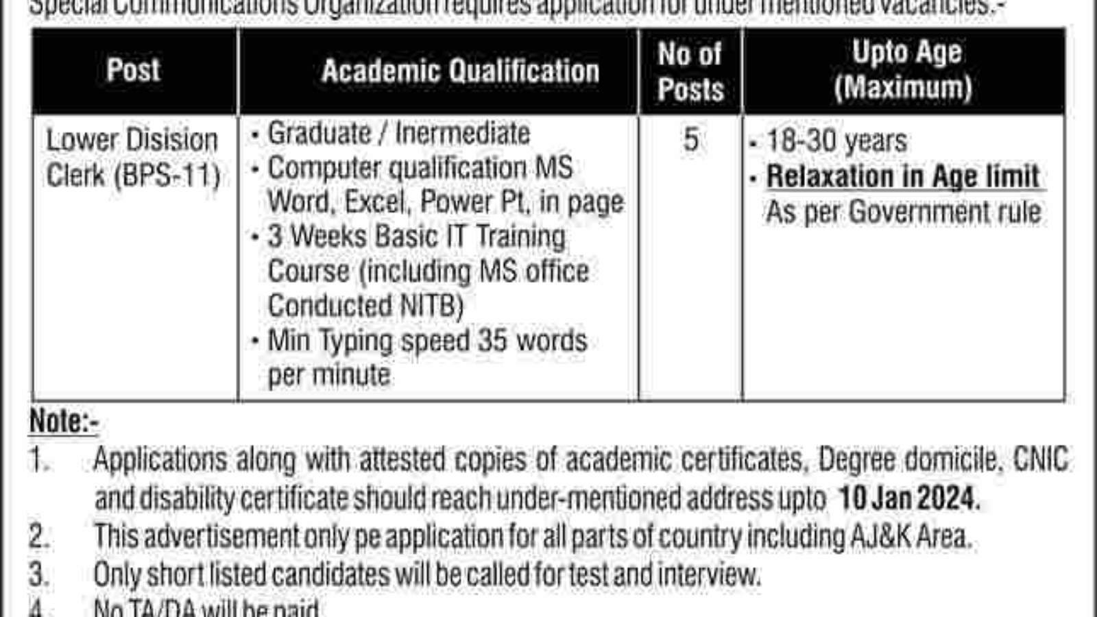 Latest-Govt-Job-In-Pakistan-Rawalpindi-[Clerk-BS-11] -(Special-Communications-Organization)