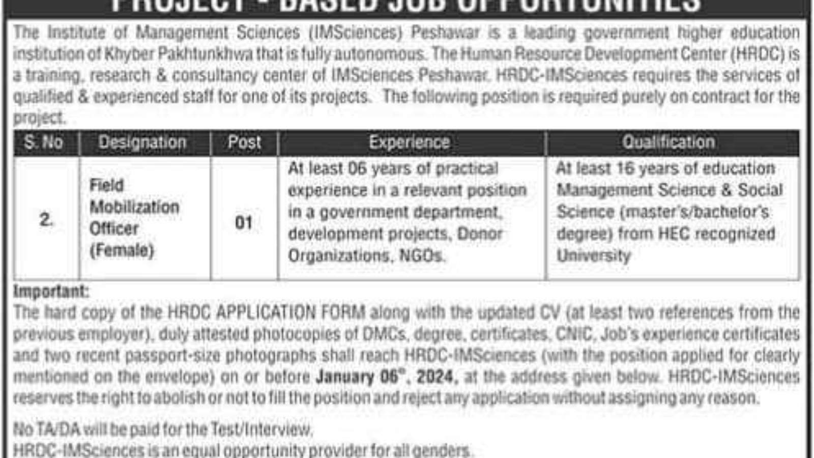 New-Govt-Job-In-Pakistan-(Field-Mobilizer-Officer-Female)-[IMS-Peshawar]