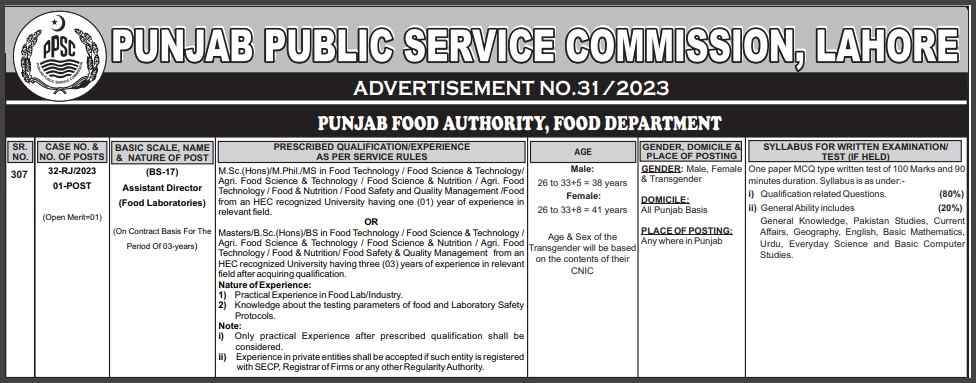 Punjab-Food-Authority-Jobs-(By-PPSC)-[Assistant-Director-BS-17]