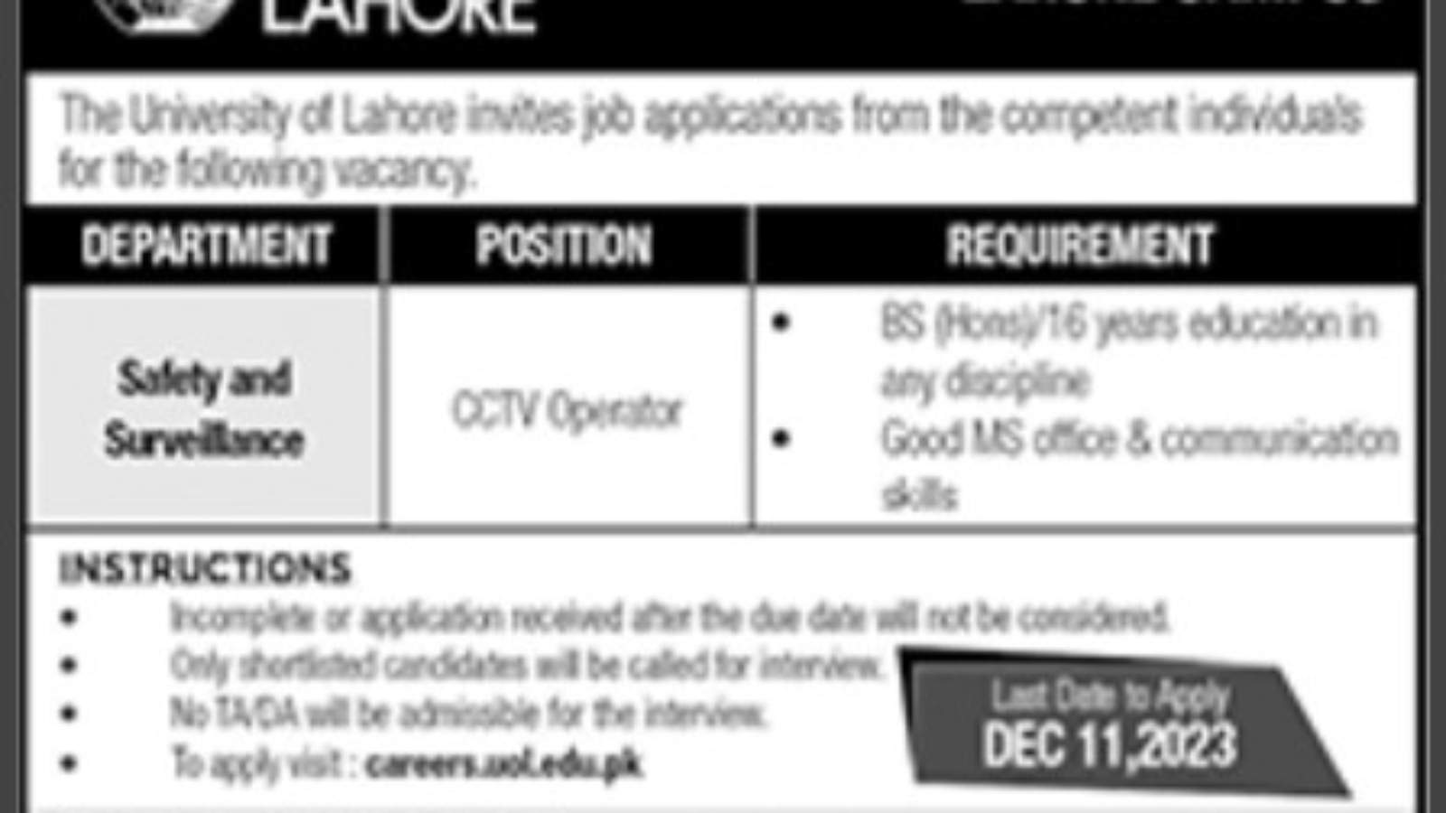 University-Of-Lahore-Jobs-[CCTV-Operator]