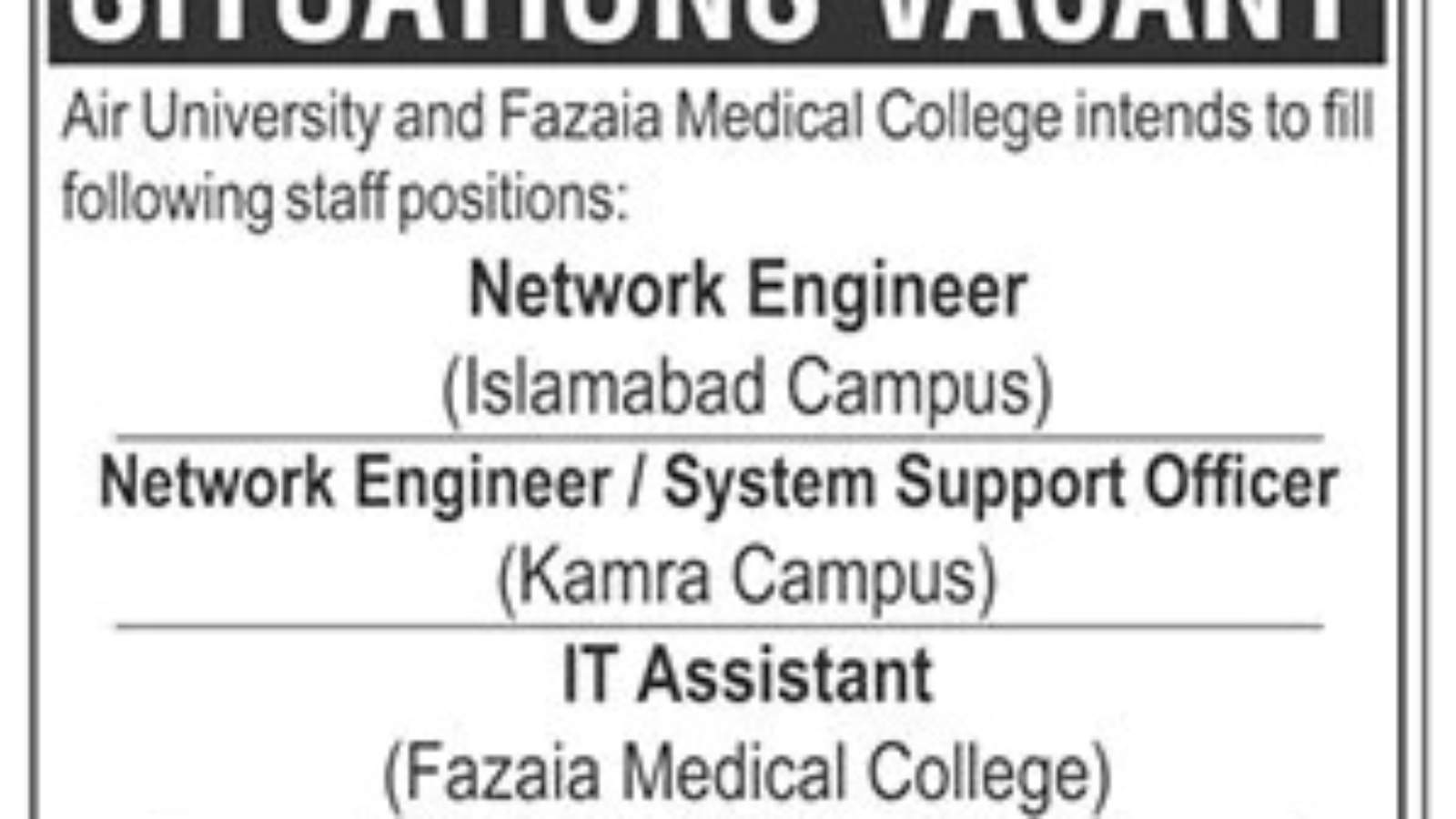 Air-University-Jobs -(For-Network-Engineer+IT Assistant)-Online-Apply