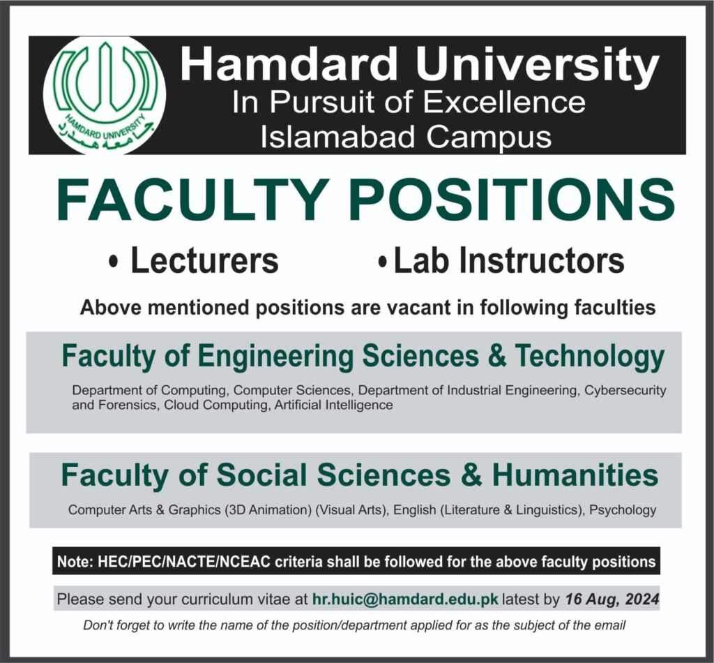 Hamdard-University-Jobs-(For-Lecturer+Lab Instructors)-Advertisement