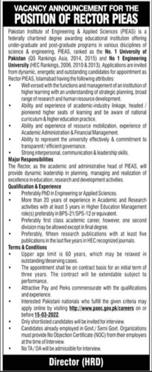 Rector-Jobs-At-PIEAS-University-PIEAS-University-Jobs