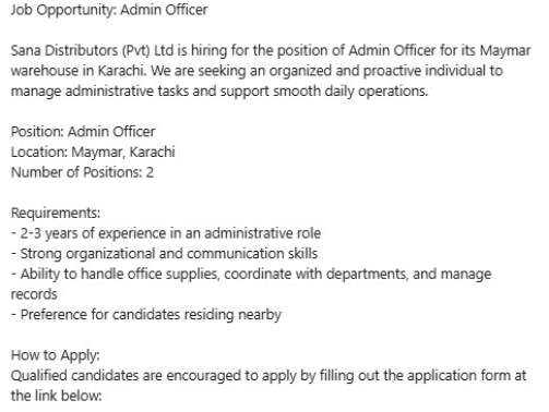 female-jobs-in-karachi-Admin-Officer